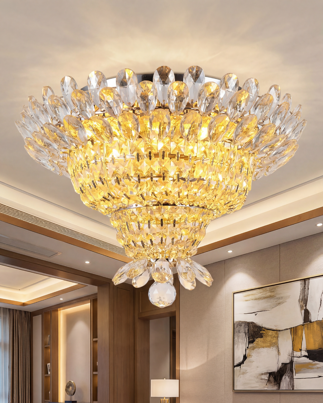 Luxurious crystal chandelier in a room with modern decor