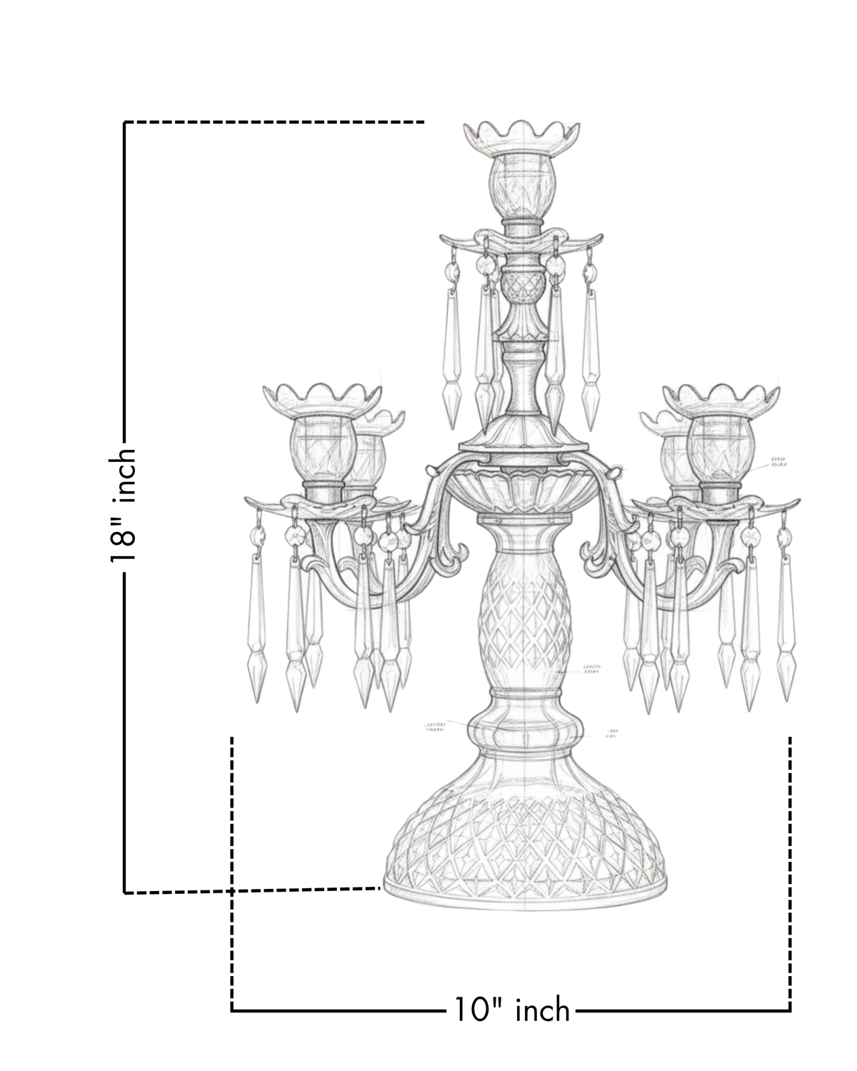 Line drawing of a decorative candelabra with dimensions labeled.