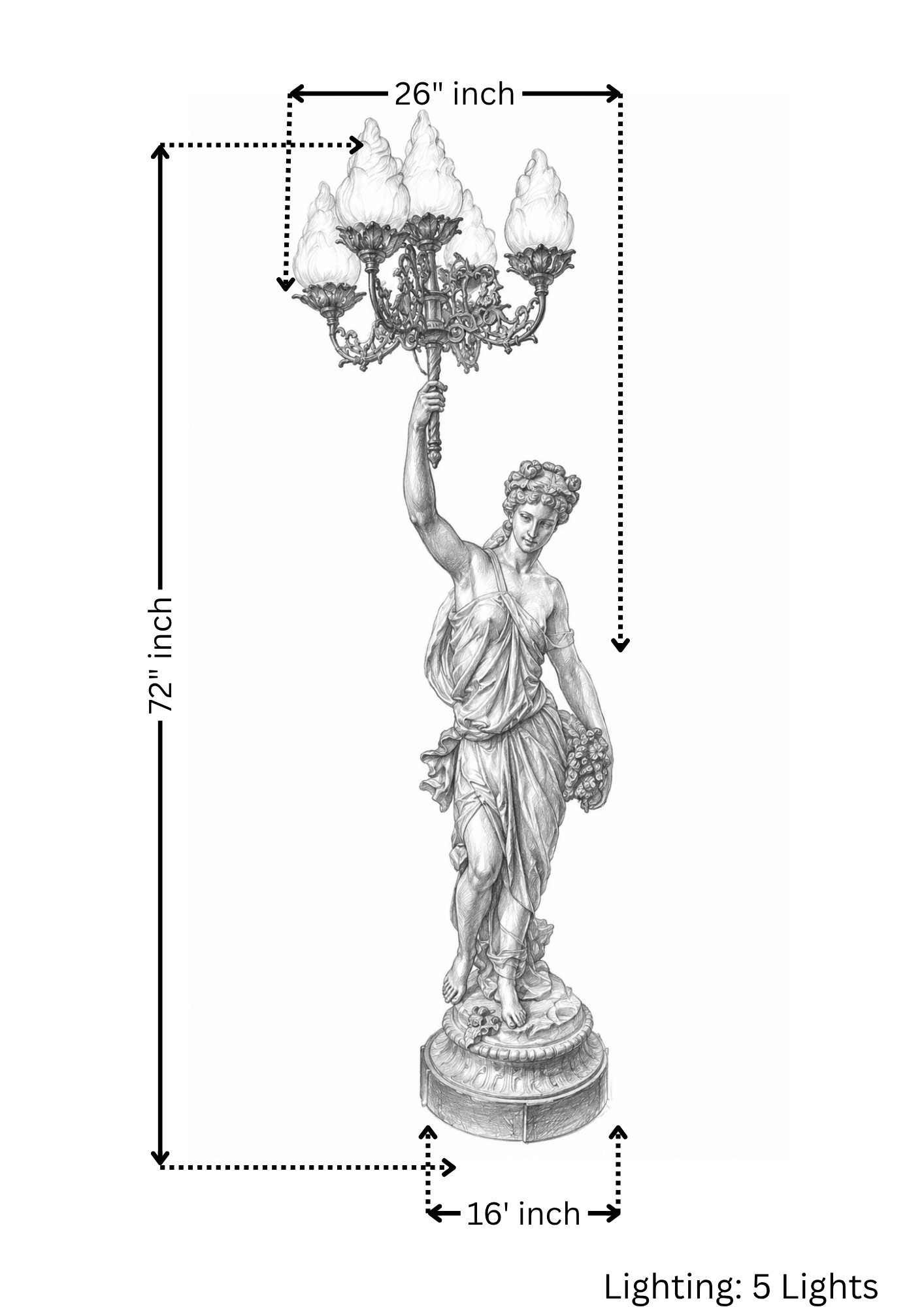 Statue with chandelier-like structure, dimensions labeled, on a white background