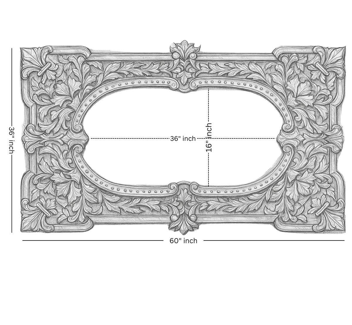 Detailed sketch of 60x36 inch vintage wall mirror with acanthus carving