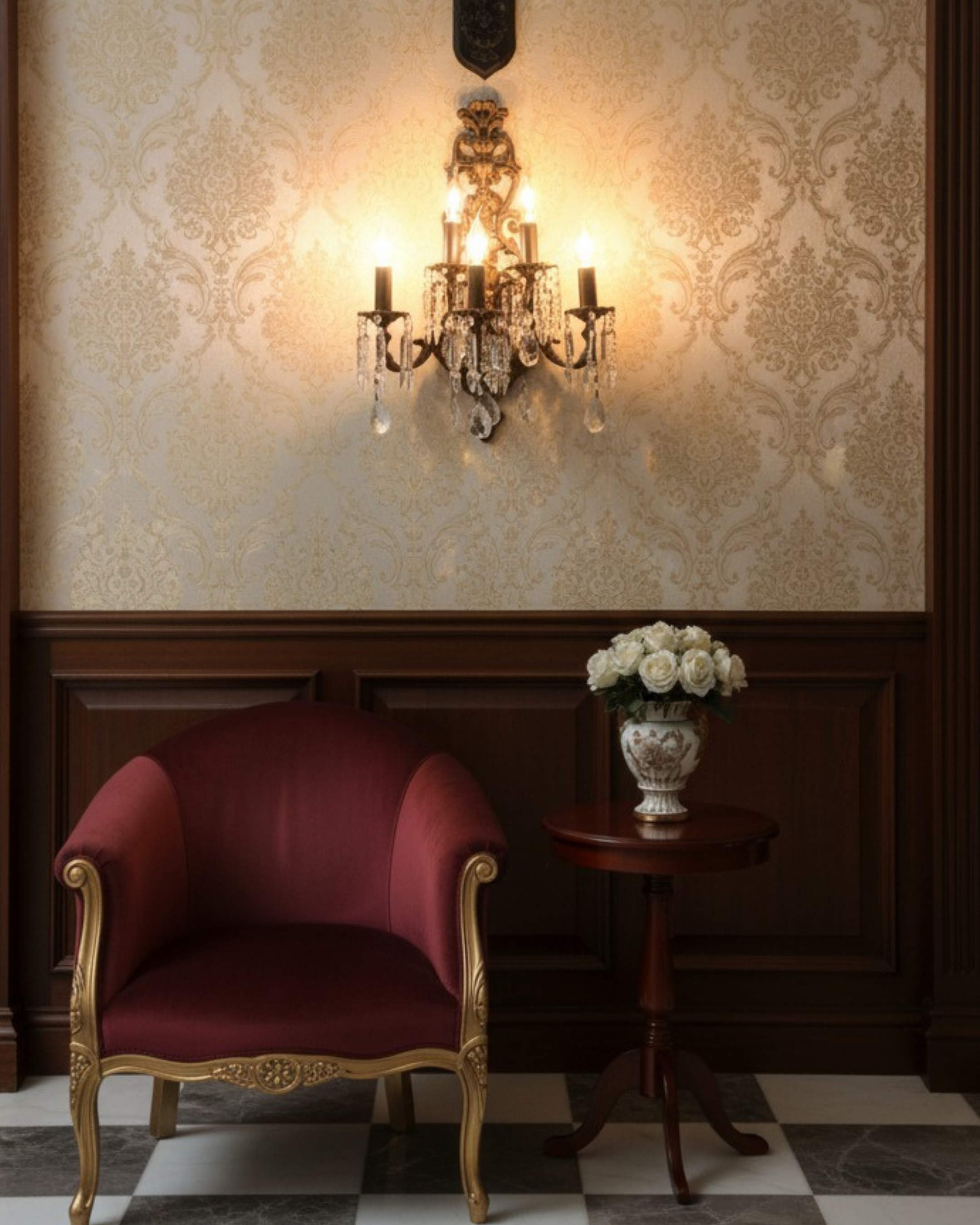 Luxury vintage crystal wall light with antique finish, warm ambient glow, styled in classic living room interior – Aartaa Decor Etoile Royale Crystal Wall Sconce