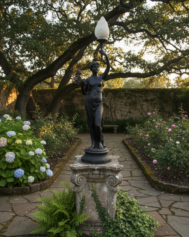 Statue in a garden setting with flowers and a stone path