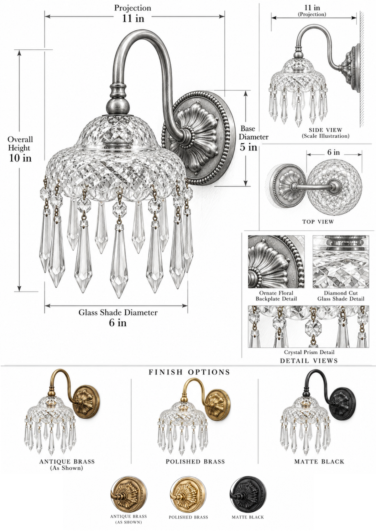 A product information sheet for a crystal chandelier wall sconce, showing the main product with dimension callouts, side and top views, detail close-ups, and finish options for antique brass, polished brass, and matte black.