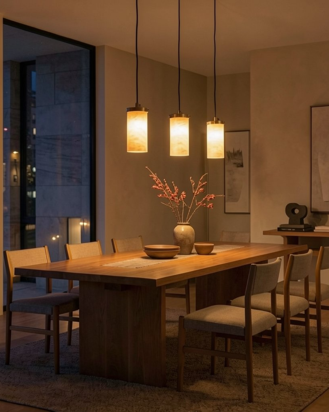Dining room with wooden table and chairs, illuminated by pendant lights.