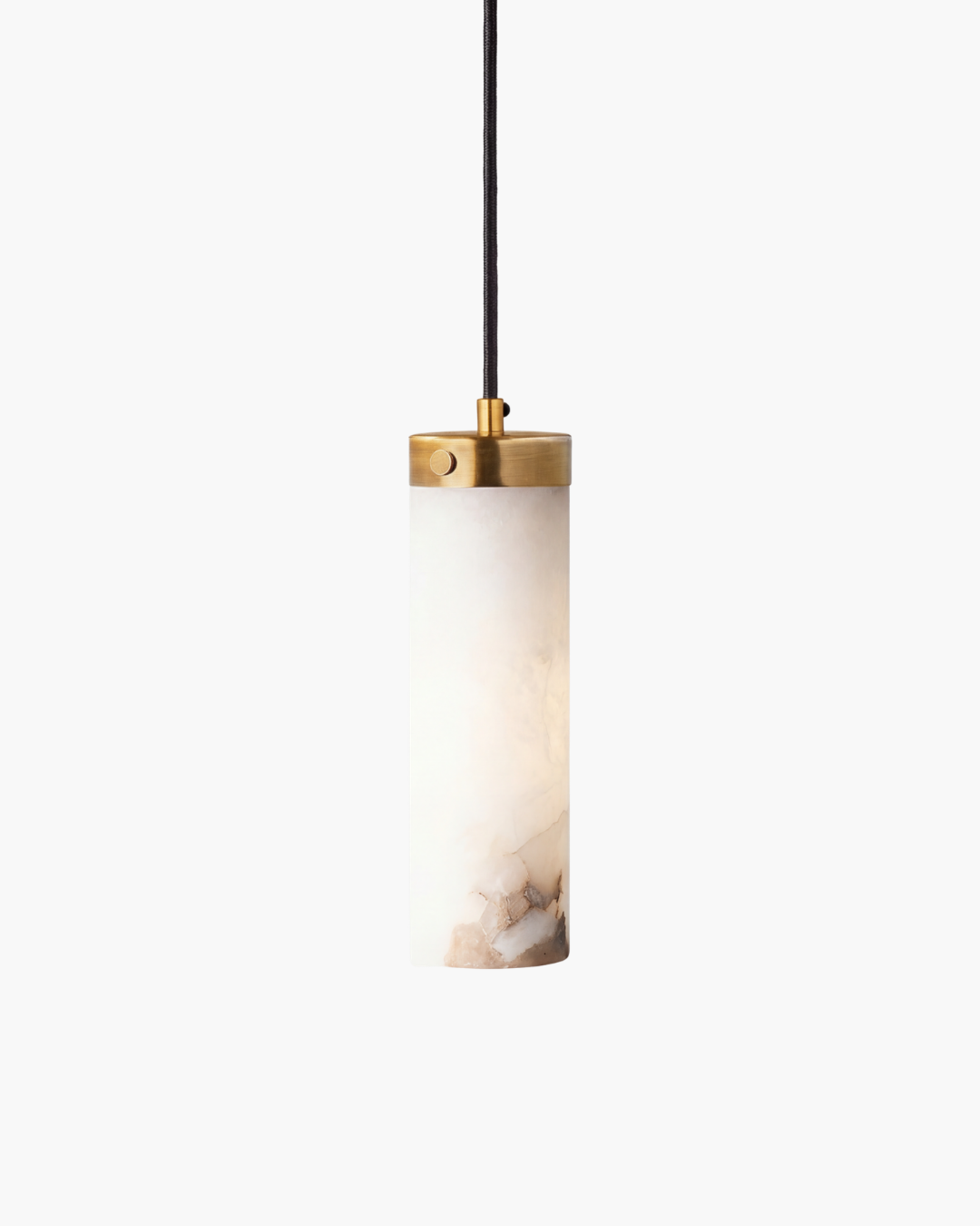 Pendant light with marble-like shade and gold fixture on a white background