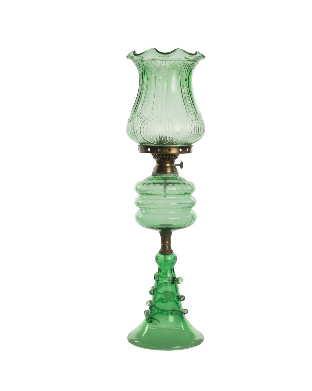 Green glass lamp with a textured base on a white background