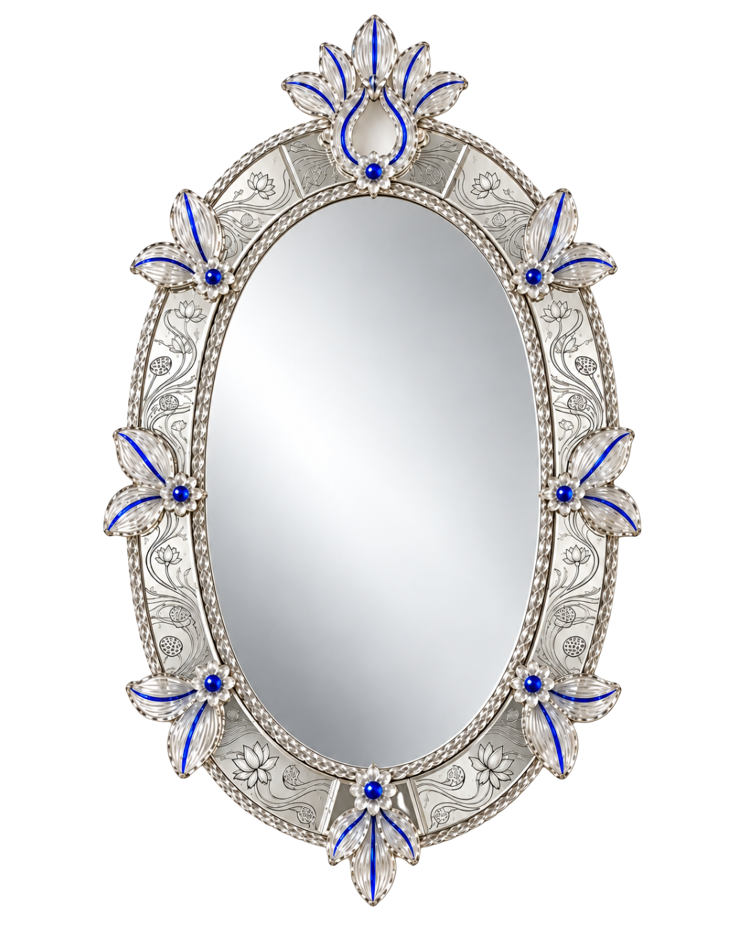 An ornate oval wall mirror with a silver-toned filigree frame decorated with blue enamel and small blue gemstone accents, shown against a plain white background.