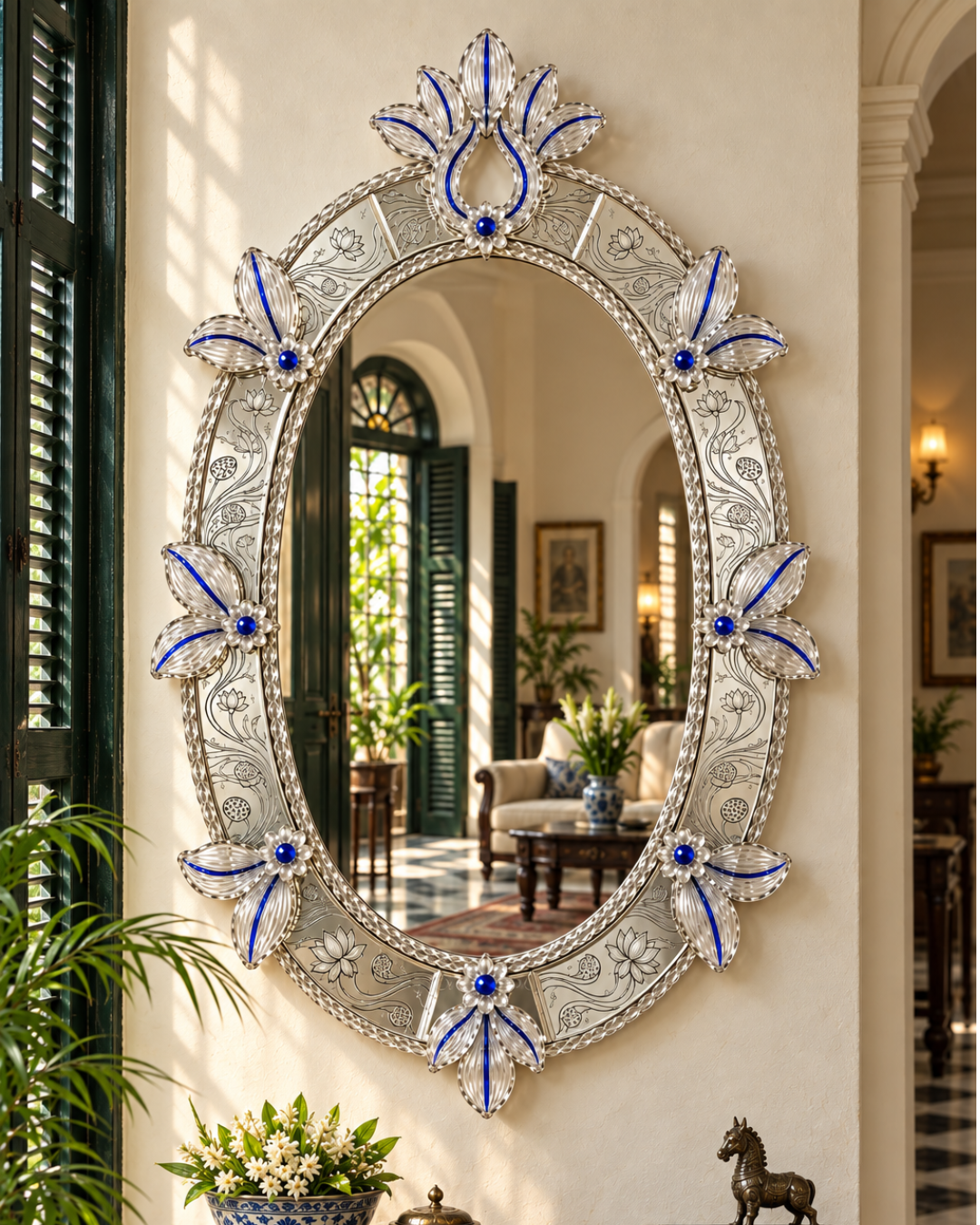 An ornate oval wall mirror with a highly decorative silver frame featuring blue and clear crystal accents, mounted on a beige wall in a sunlit, elegant interior.