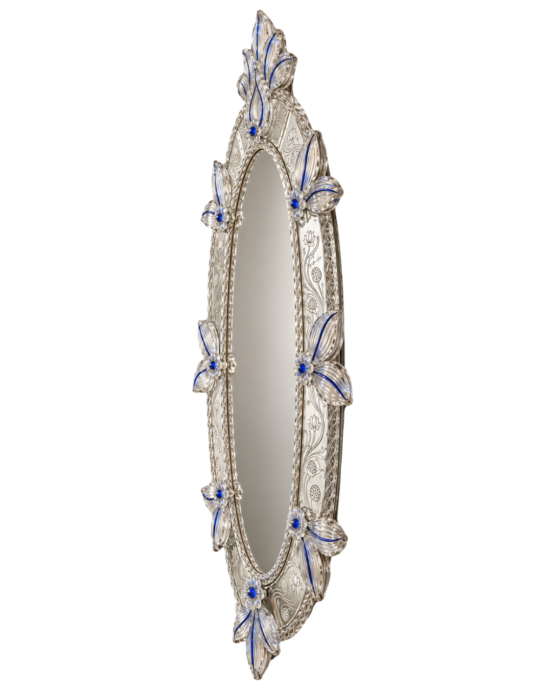 An ornate oval wall mirror with a silver-toned filigree frame and decorative blue and white enamel butterfly accents around the border.