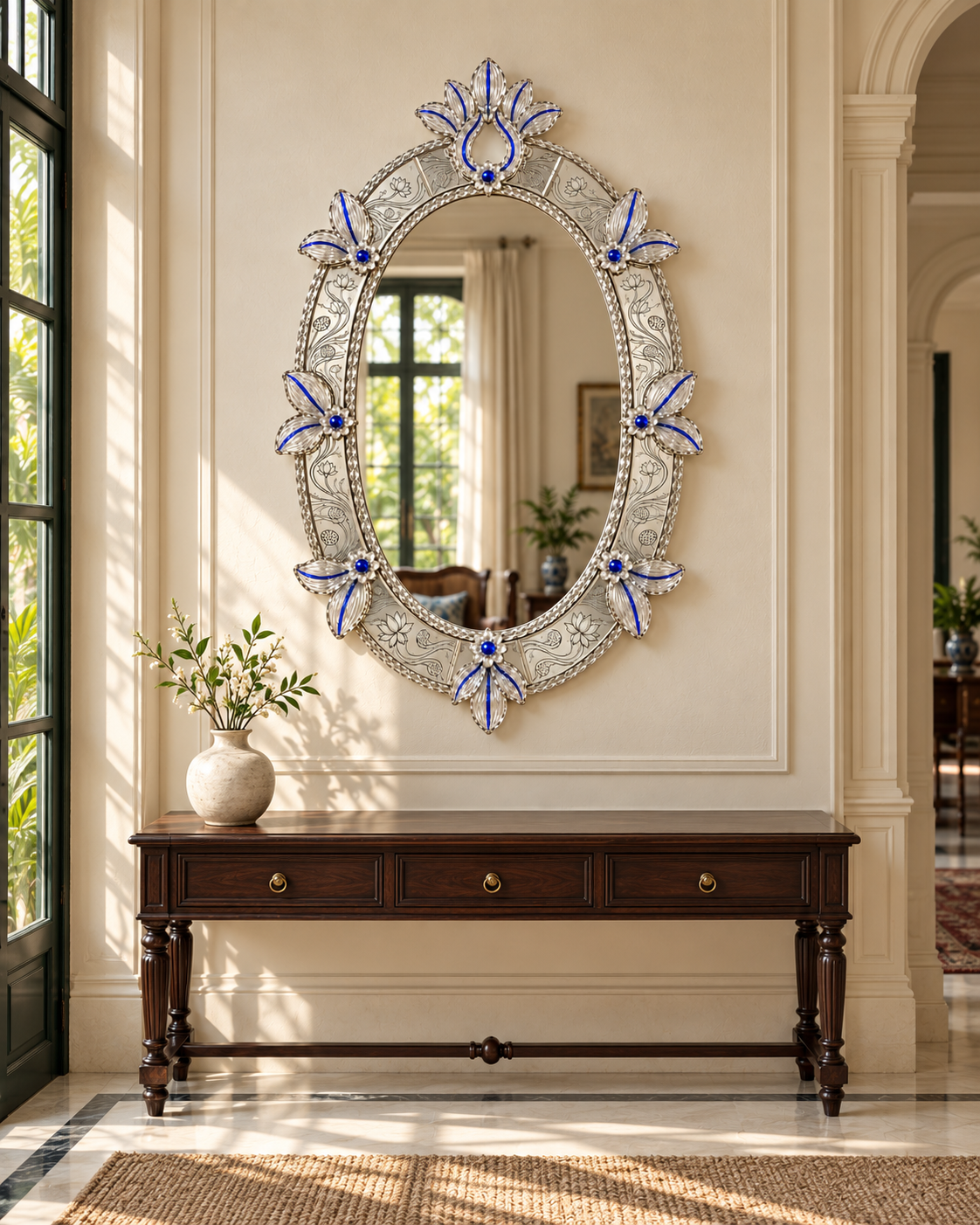 Neelpadma wall mirror above a wood console in a daylight foyer; AI-created interior styling concept, not a client installation