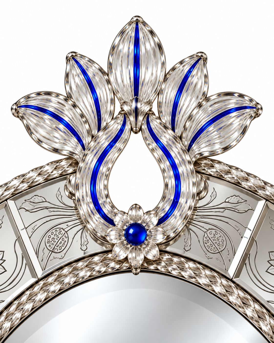Neelpadma lotus crest and botanical border with cobalt-blue accents; AI-enhanced detail study