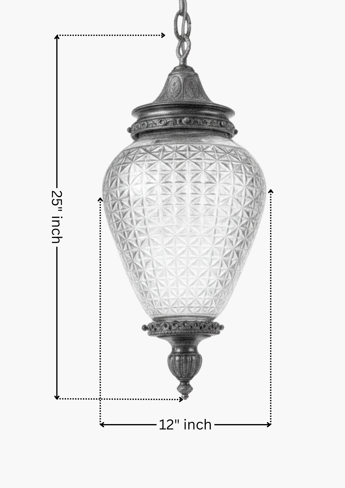 Pendant light with diamond-patterned glass shade and measurements on a white background