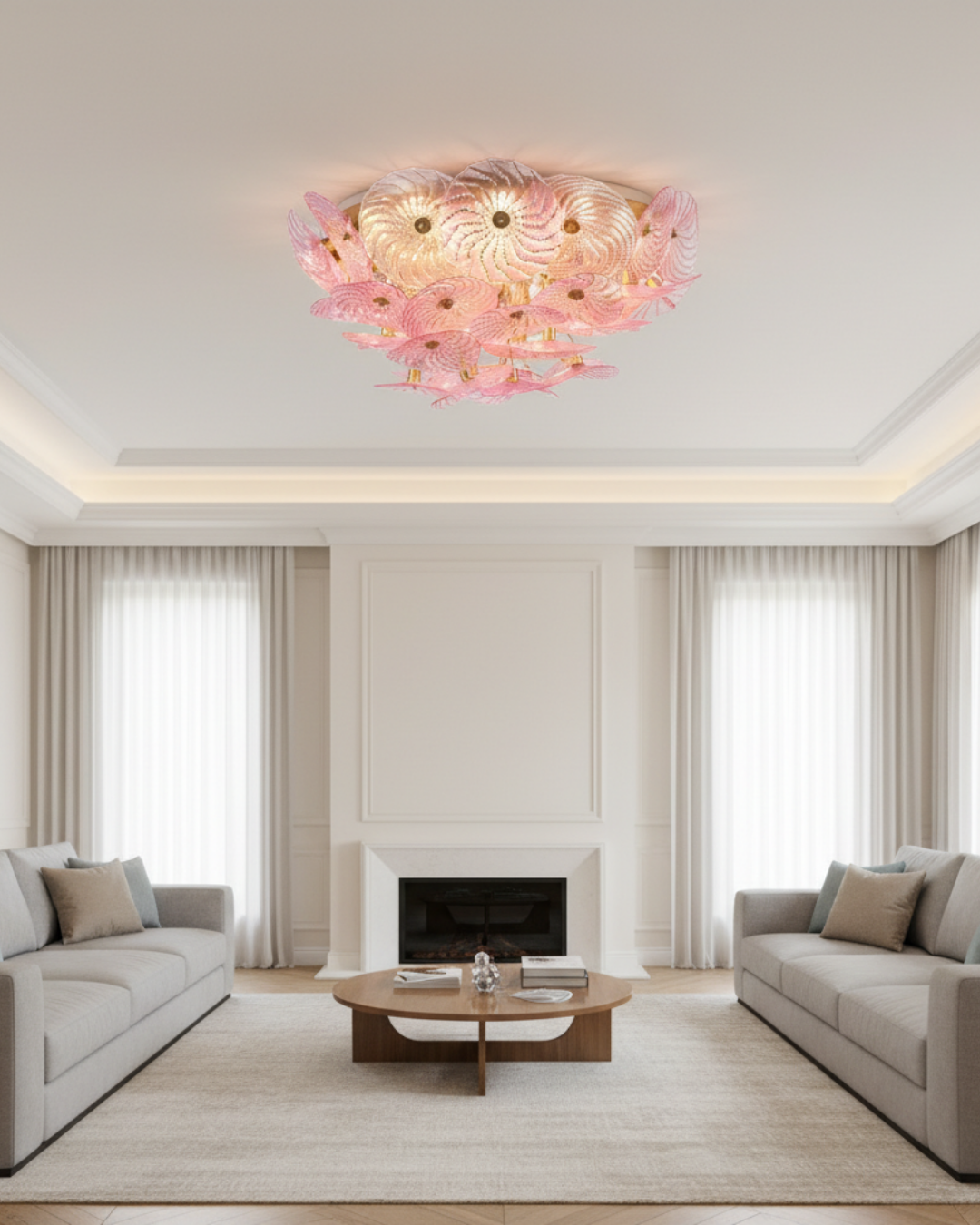 Modern living room with a decorative ceiling light fixture.