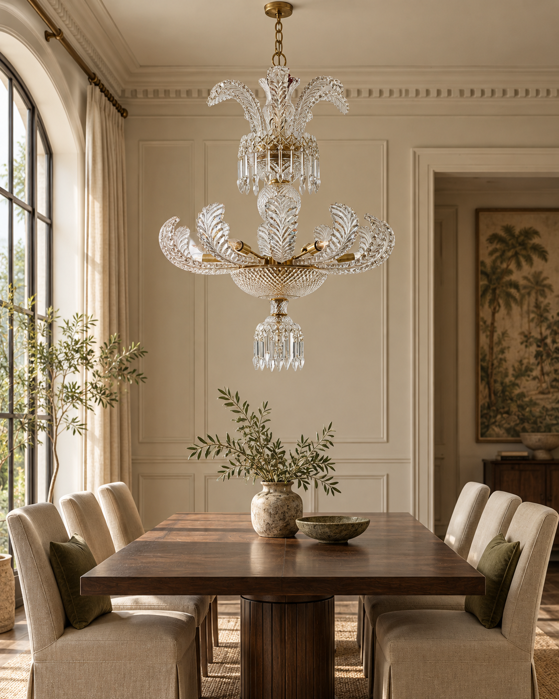 Royal Palm chandelier in a neutral dining-room styling concept; AI-created interior, not a client installation