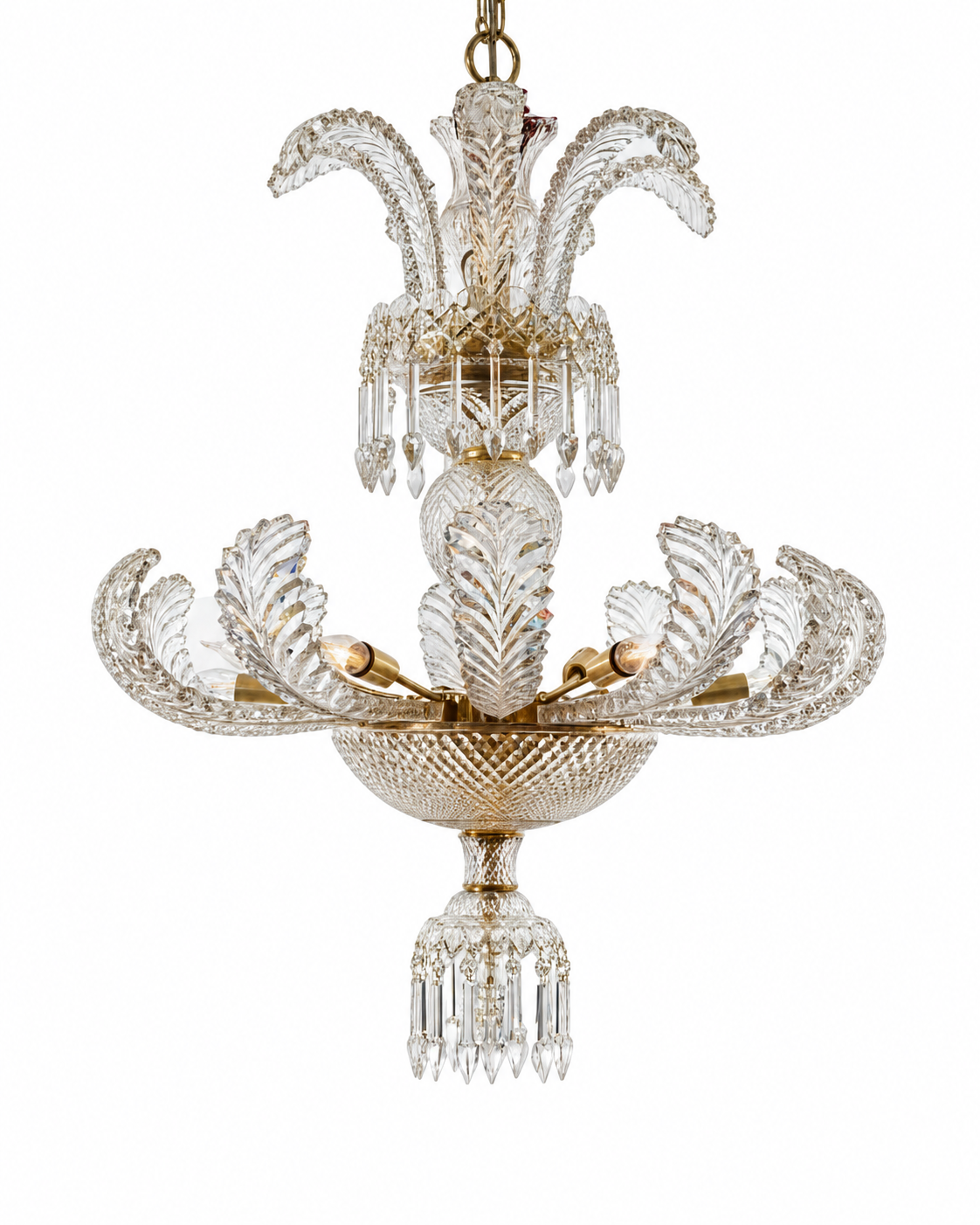 Royal Palm chandelier studio view with clear crystal palm fronds and warm brass fittings; AI-enhanced from the original product image