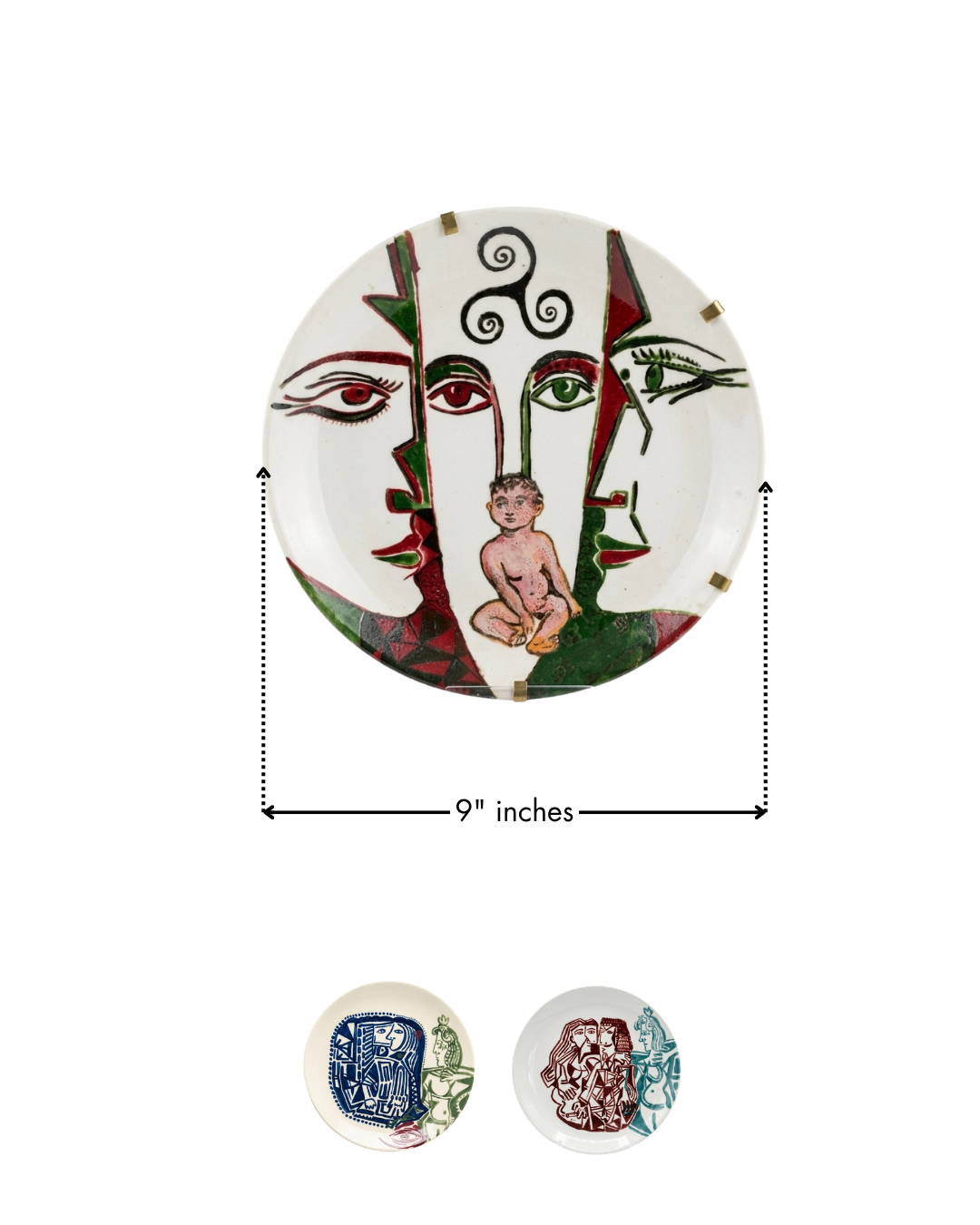 Decorative plate with artistic design and measurements on a white background