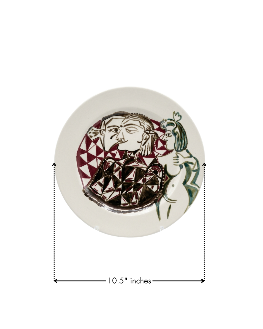 Ceramic plate with decorative design and measurements on a white background