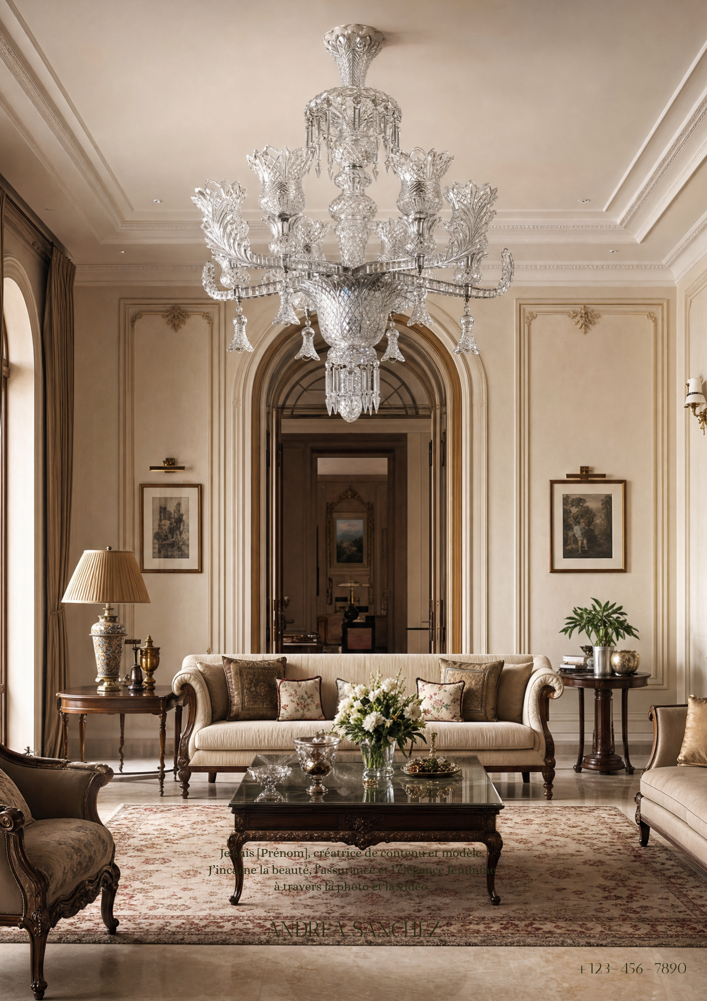 Luxurious living room with a grand chandelier, elegant furniture, and decorative elements.
