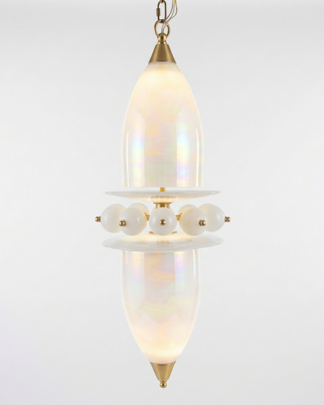 Decorative pendant light with a glass shade and gold accents on a white background