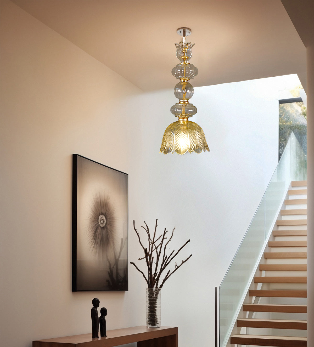 Glass and Gold Pendant Light with Intricate Leaf Motif - Aartaa decor