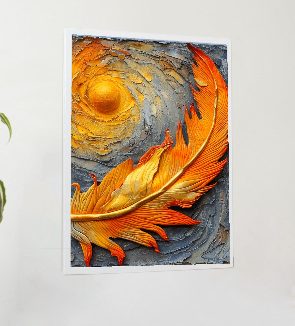 Golden Feather on Brick Wall Painting with sun - Aartaa decor