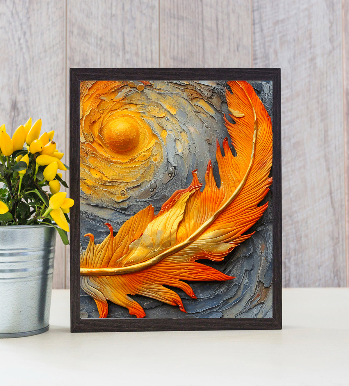 Golden Feather on Brick Wall Painting with sun - Aartaa decor