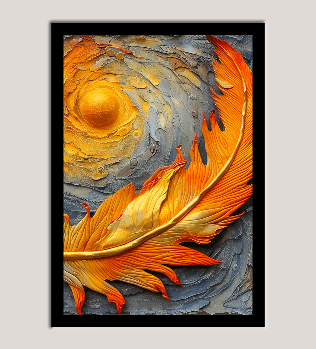 Golden Feather on Brick Wall Painting with sun - Aartaa decor