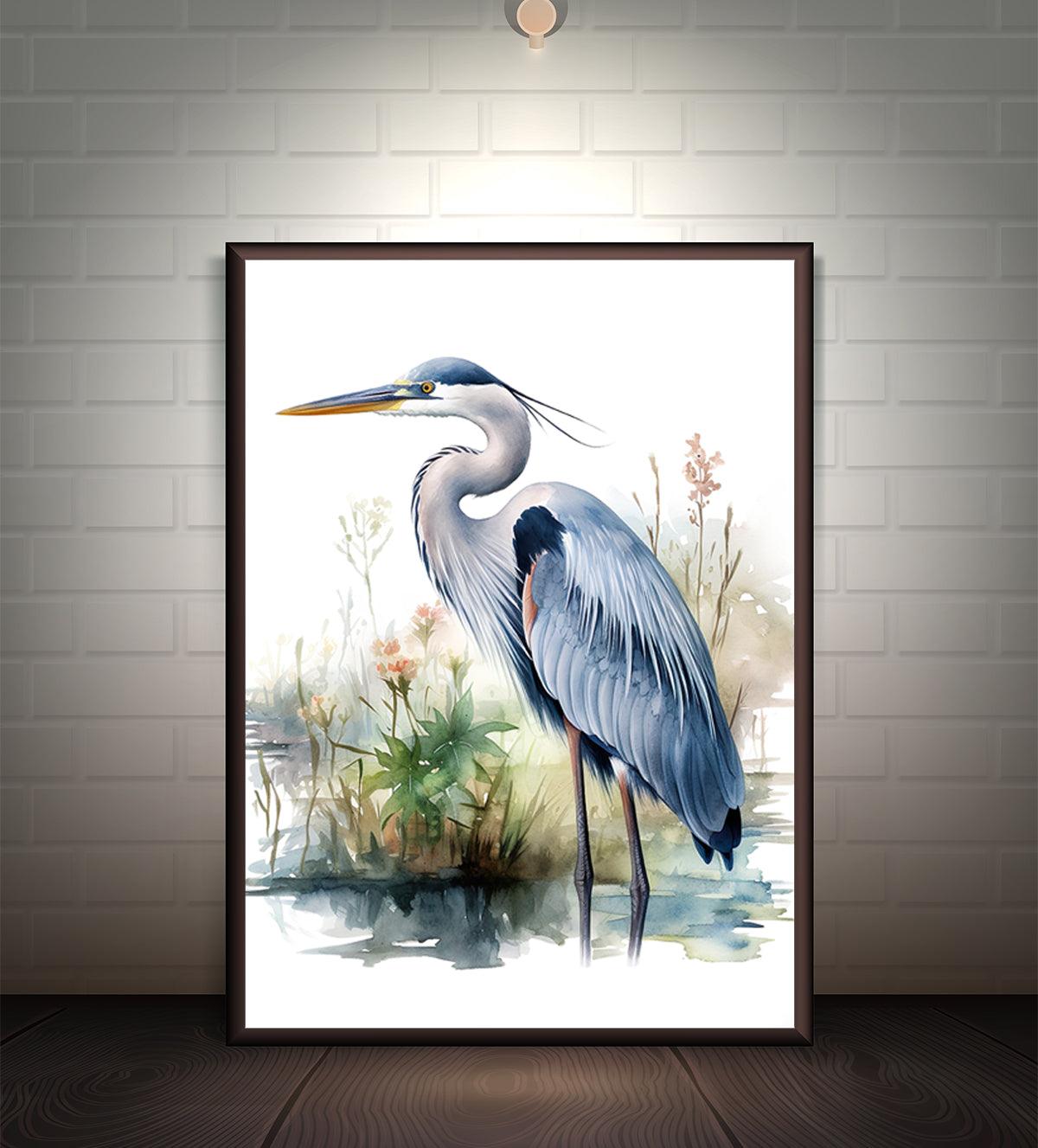 Watercolor Painting of a Heron Standing in a Swamp - Aartaa decor