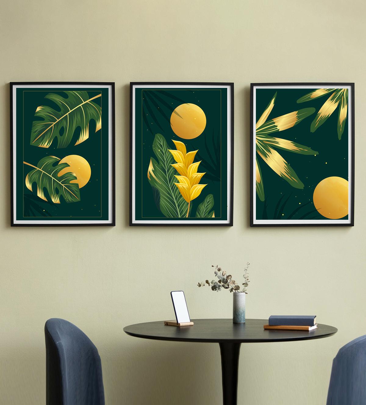 Set of three botanical prints a variety of tropical plants in a modern and abstract style - Aartaa decor