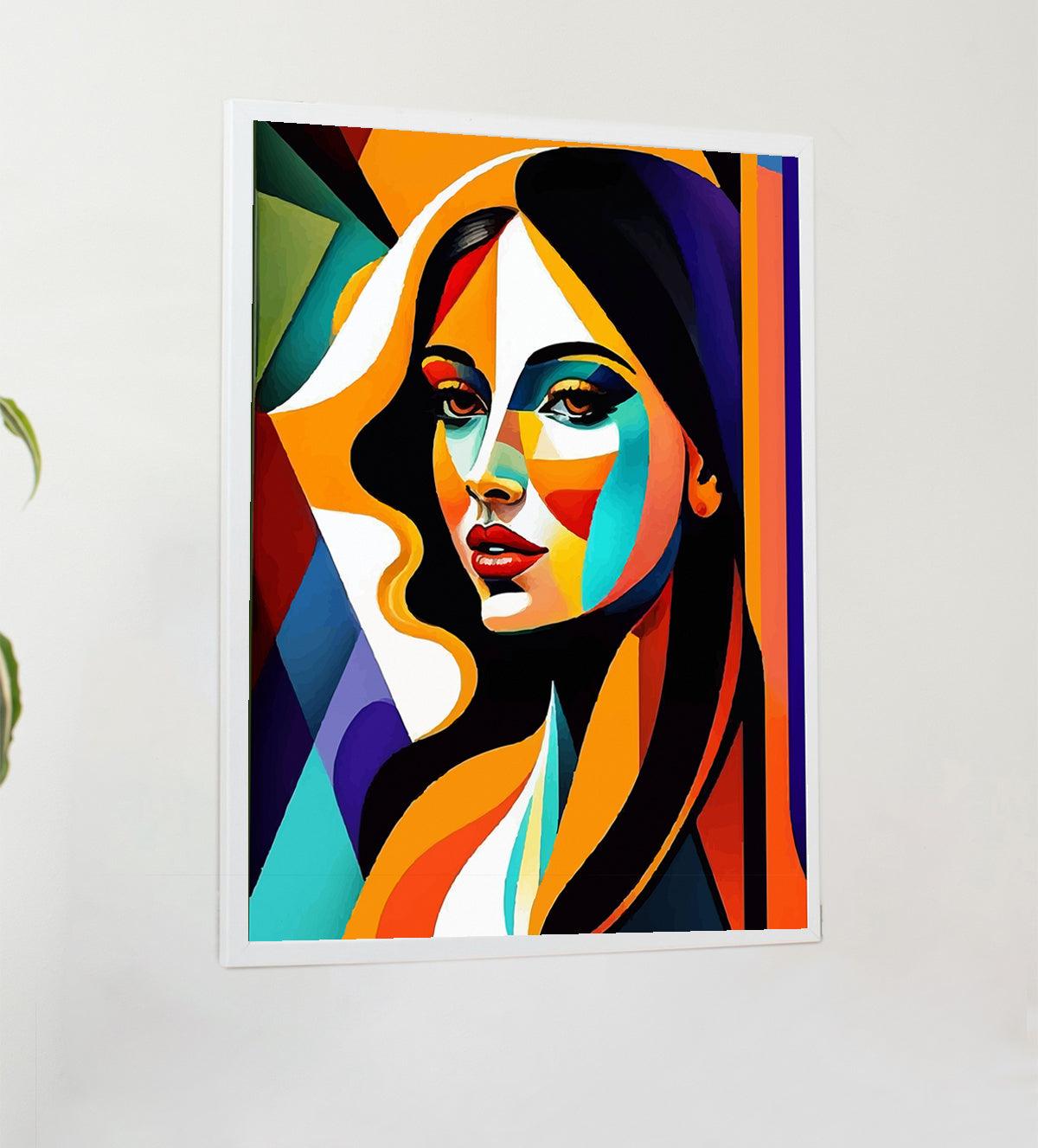 "Vivid Allure" is a bold, abstract portrait of a woman brought to life with vibrant colors and geometric shapes. Perfect for modern spaces, this striking artwork makes a statement while adding beauty and depth to any room - Aartaa decor