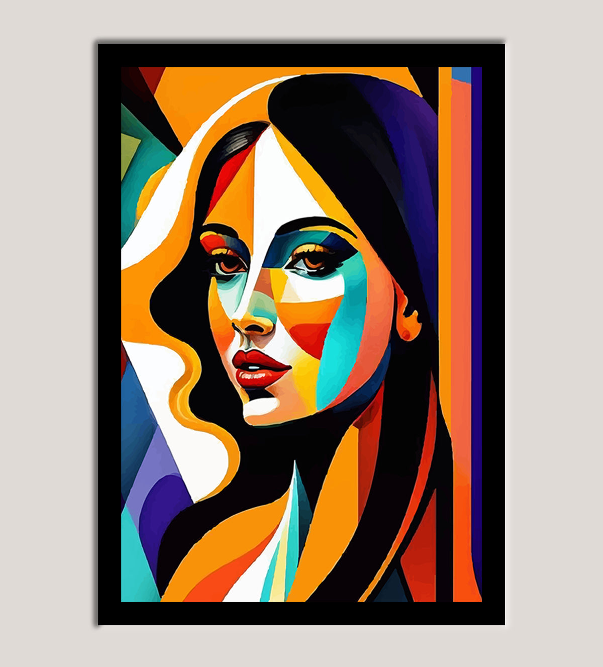 "Vivid Allure" is a bold, abstract portrait of a woman brought to life with vibrant colors and geometric shapes. Perfect for modern spaces, this striking artwork makes a statement while adding beauty and depth to any room - Aartaa decor