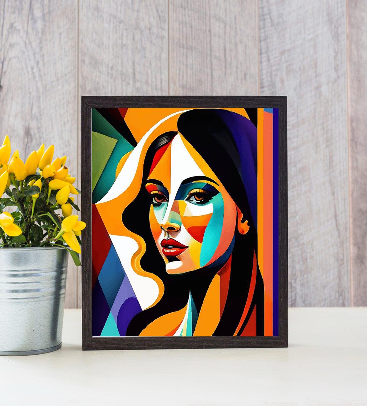 "Vivid Allure" is a bold, abstract portrait of a woman brought to life with vibrant colors and geometric shapes. Perfect for modern spaces, this striking artwork makes a statement while adding beauty and depth to any room - Aartaa decor