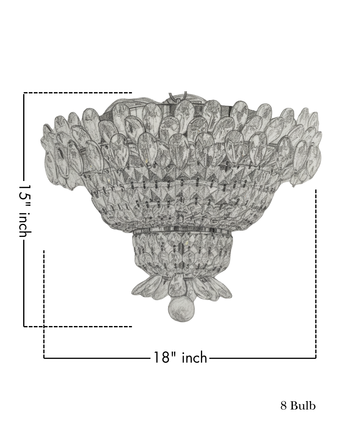 Chandelier with dimensions labeled on a white background