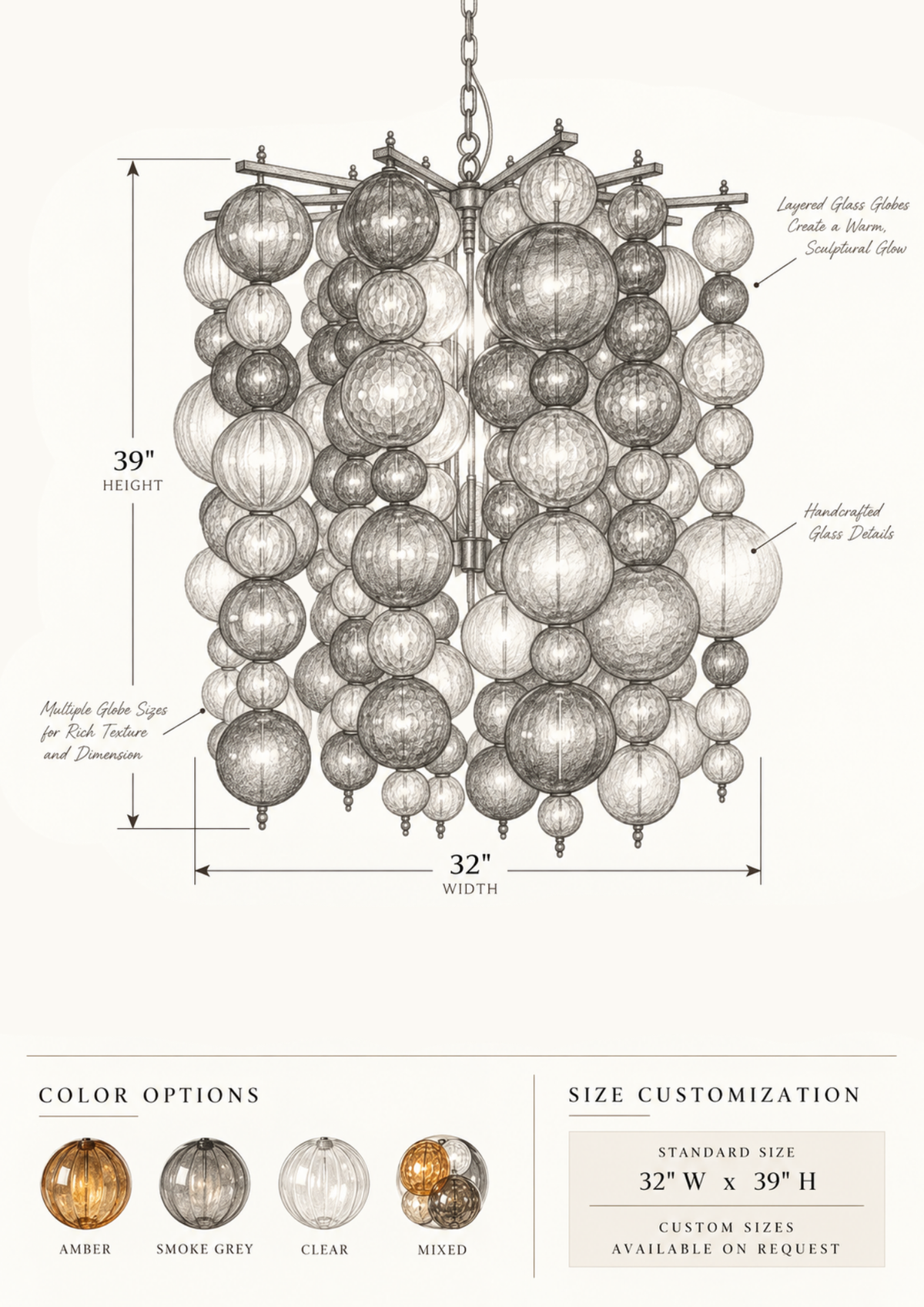Technical product diagram of a multi-tiered glass chandelier with labeled dimensions (39" height, 32" width), color options shown in a row of circular swatches, and a size customization box on a light beige background.