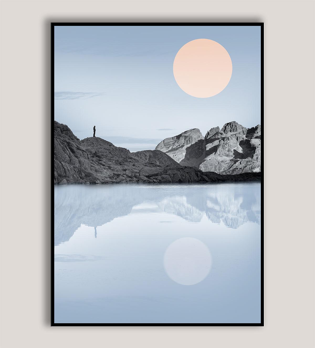 A serene landscape featuring a mountain lake at sunrise - Aartaa decor