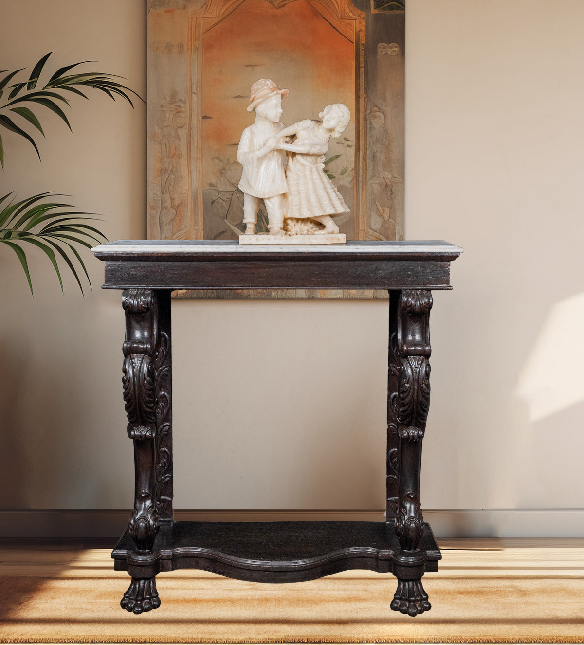 Straight-on view of antique console table with marble top – Aartaa Decor