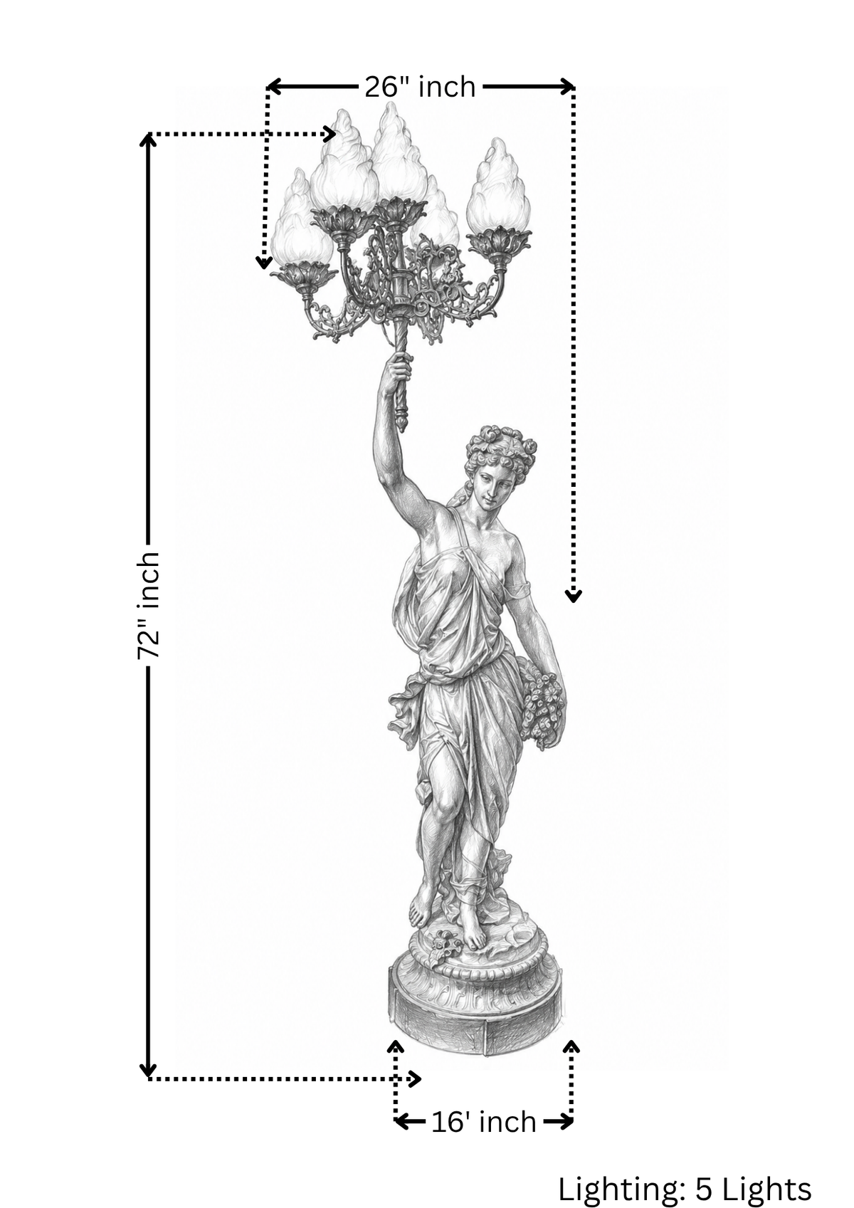 Statue with chandelier-like structure, dimensions labeled, on a white background