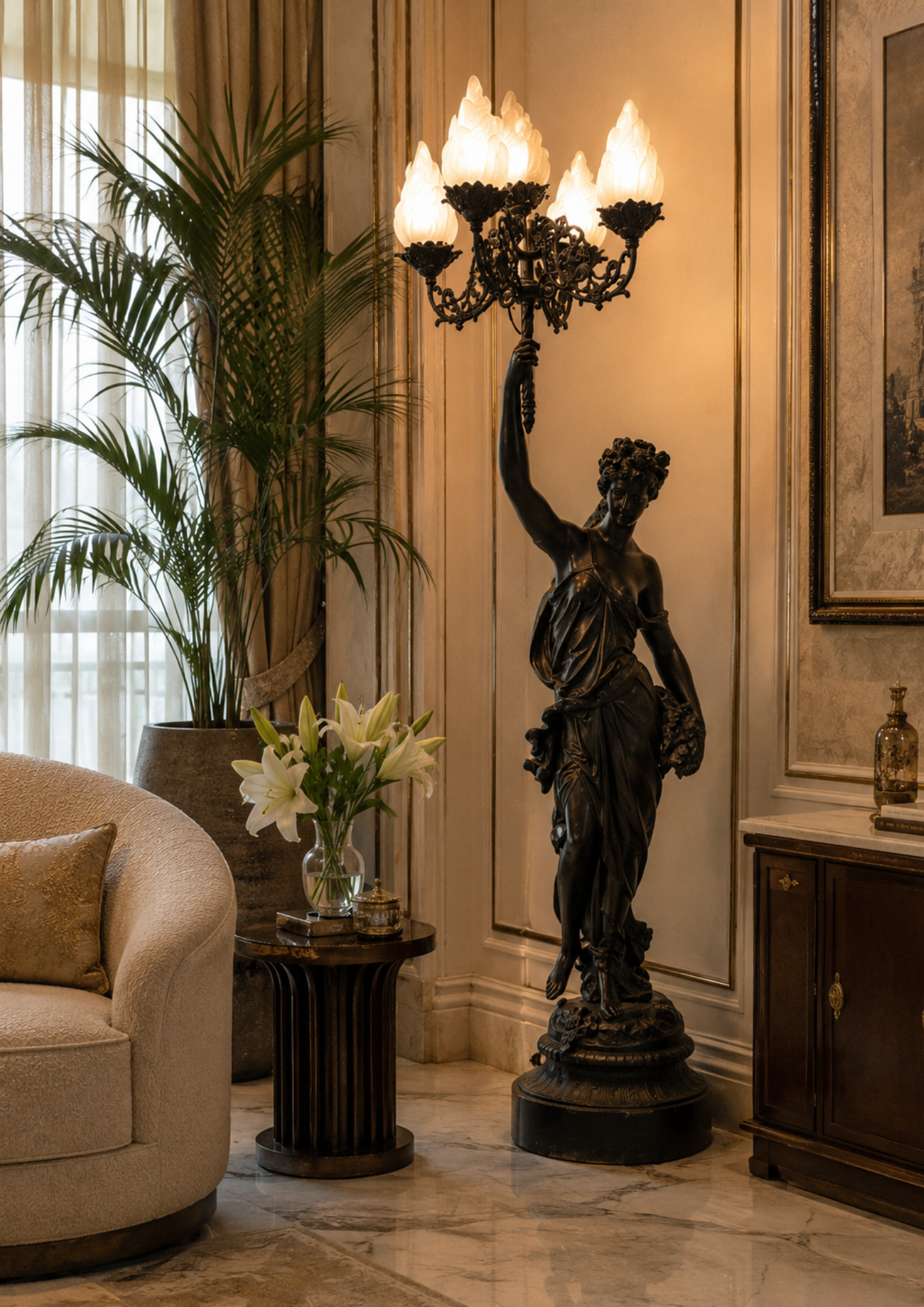Living room with a statue holding a lamp, a couch, and a plant.