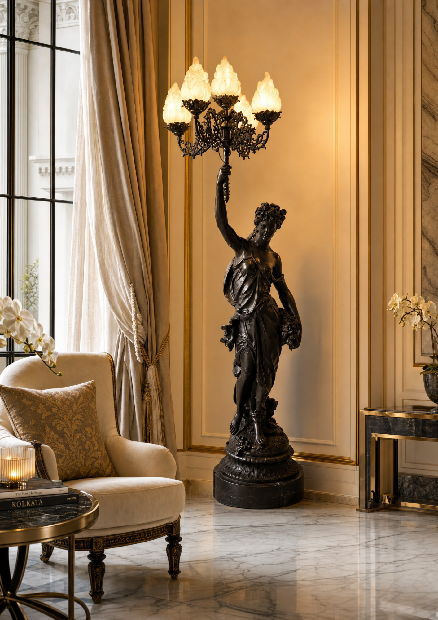 Decorative floor lamp with a classical design in an elegant room.