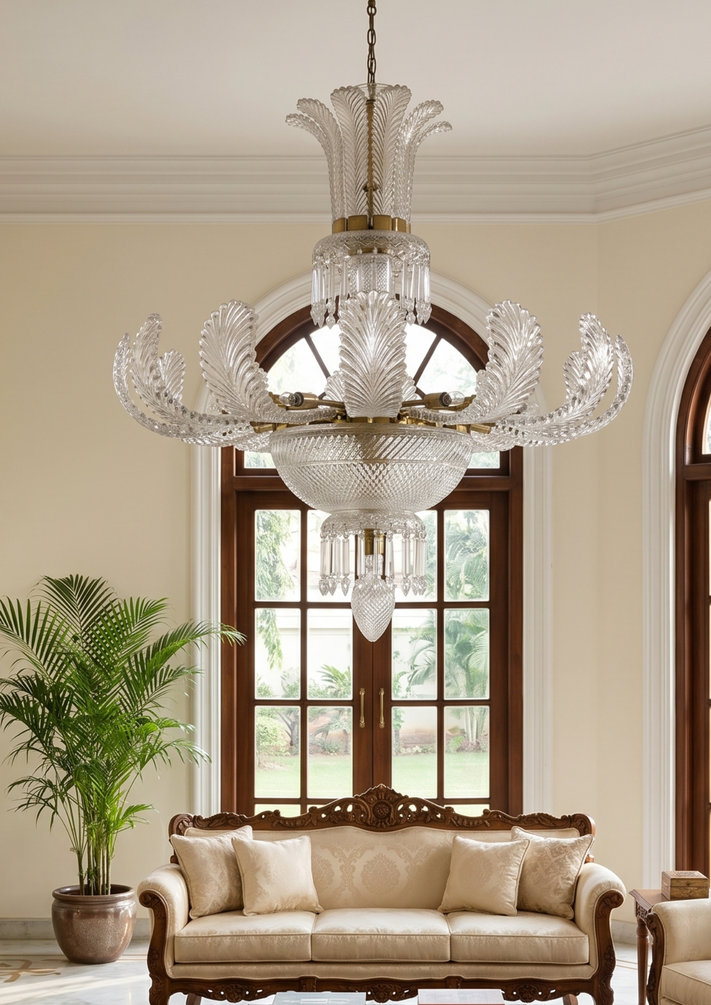 Luxurious chandelier hanging above a beige sofa in a room with large windows.