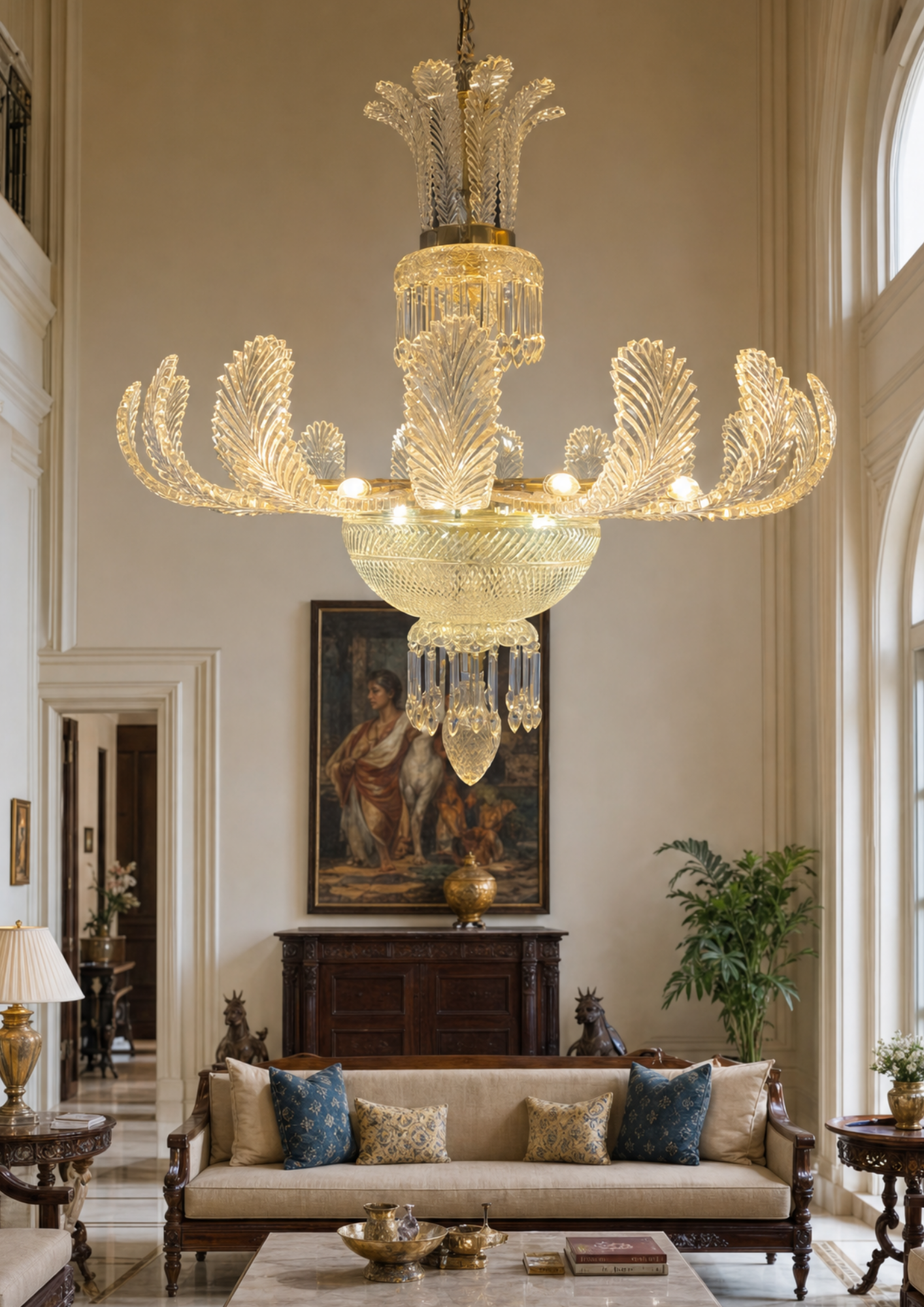 Luxurious living room with a grand chandelier, sofa, and artwork.