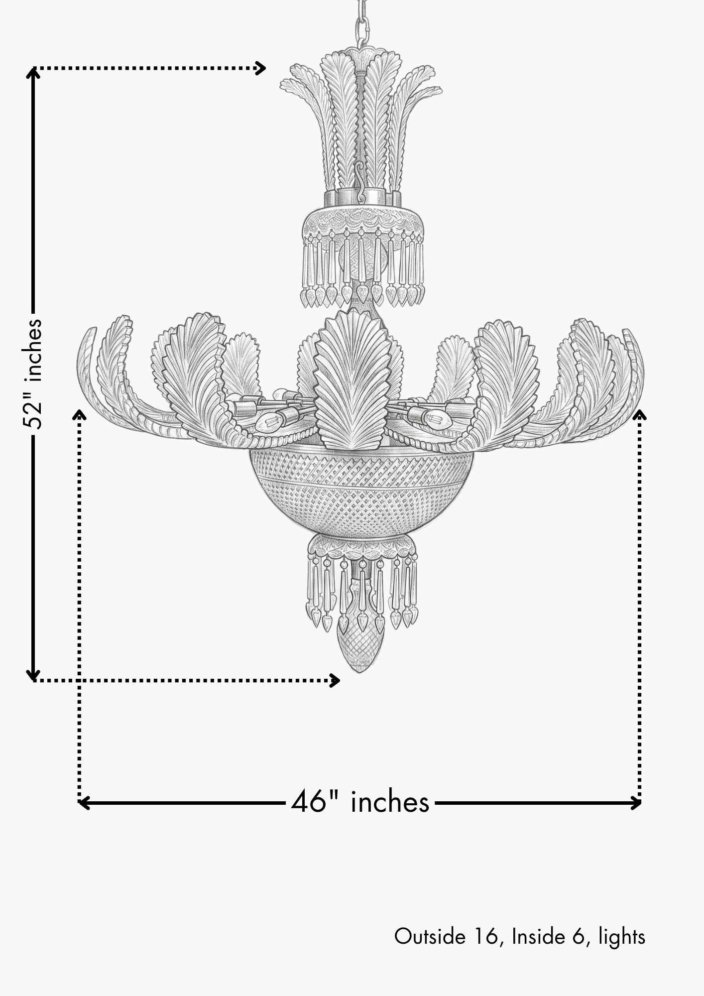 Illustration of a decorative chandelier with dimensions on a white background