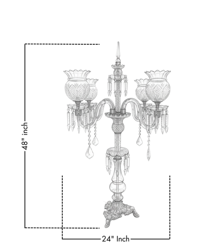 Decorative candelabrum with crystal elements and dimensions on a white background