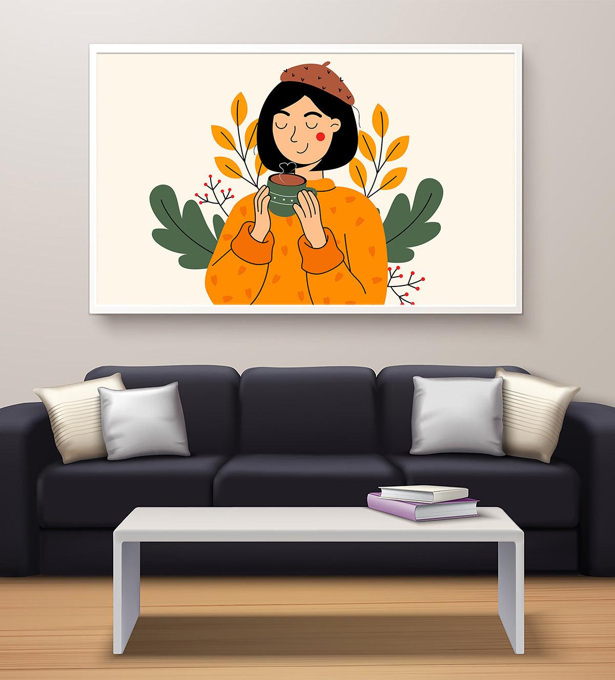 Illustration of a woman in an orange sweater enjoying a hot drink, surrounded by autumn leaves, capturing a cozy fall atmosphere on paper or canvas wall art.