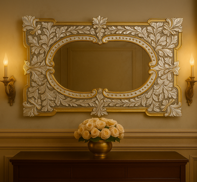Handcrafted Baroque Gilded Leaf Mirror mounted on vintage beige wall