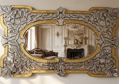 Decorative mirror with intricate gold and silver frame in a room with a chandelier and fireplace.
