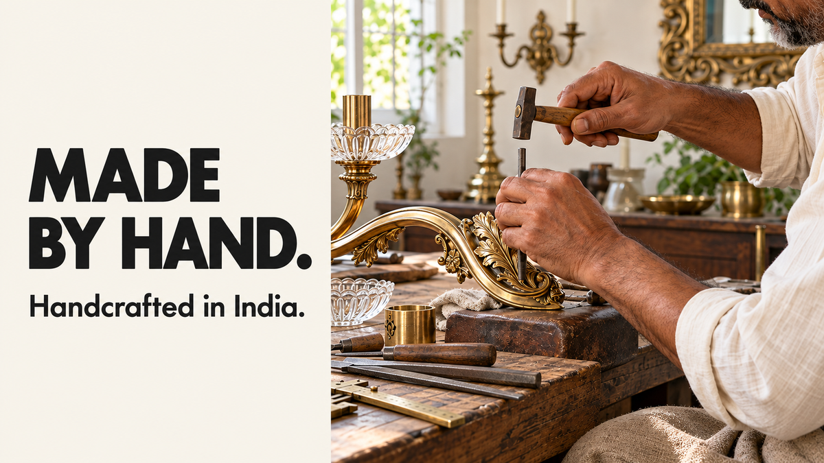 Made by hand. Handcrafted in India. AI-created illustrative scene of an Indian artisan hand-finishing ornamental brass beside clear glass lighting components.