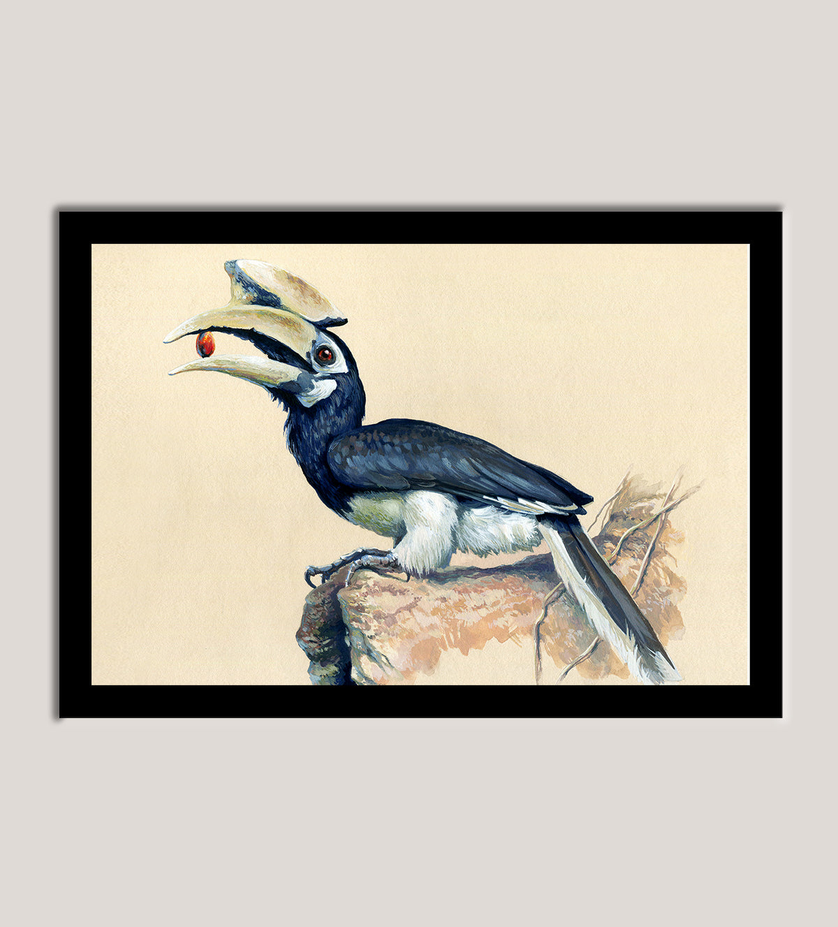 painting of a striking hornbill perched on a rock - Aartaa decor