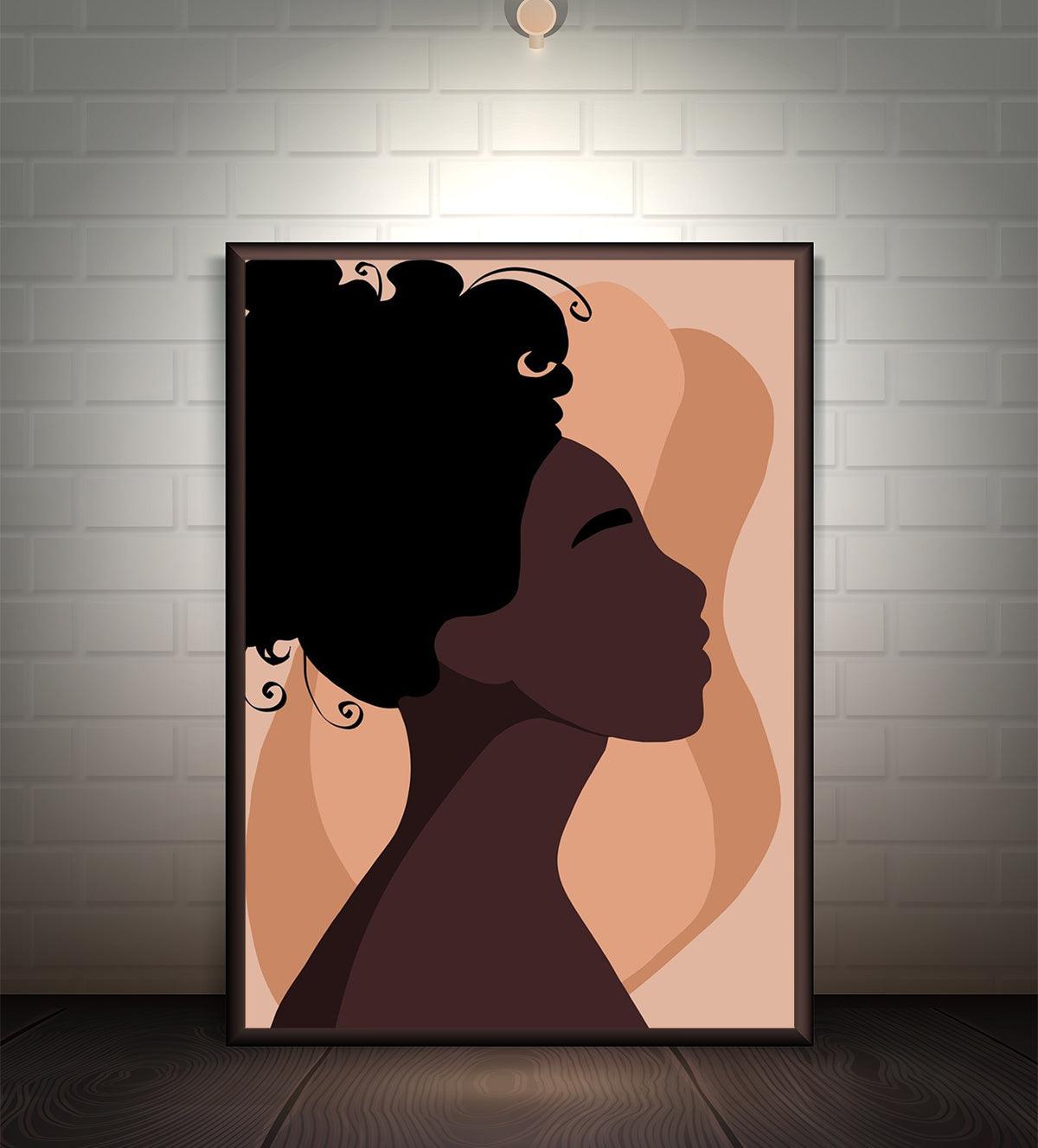 Modern boho wall art featuring a silhouette of a woman in profile with earthy tones and flowing lines, titled 'Boho Essence: A Silhouette of Grace.