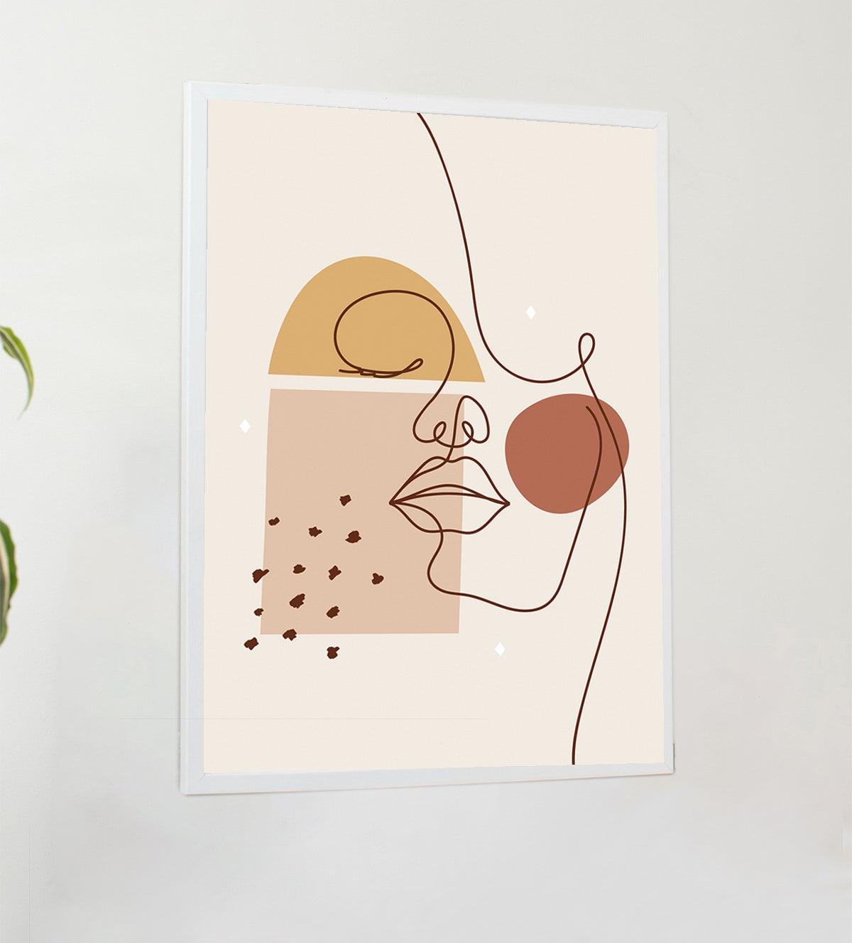 Shop 'Boho Serenity: Woman in Line Art,' a minimalist painting featuring a boho-style woman's face and soft butterfly accents. Add tranquility and elegance to your home